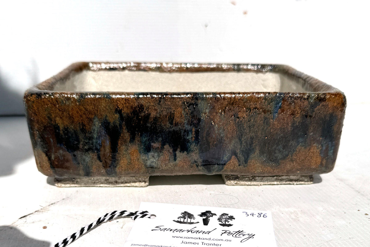 Rectangular 22.5cm Brown and Blue Glazed Stoneware Bonsai Pot