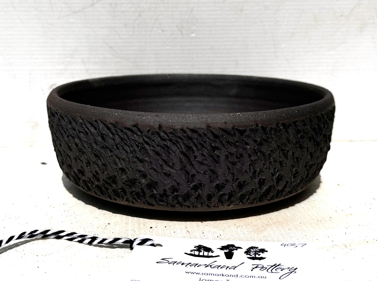 Round 19.5cm Black Textured Stoneware Unglazed Bonsai Pot