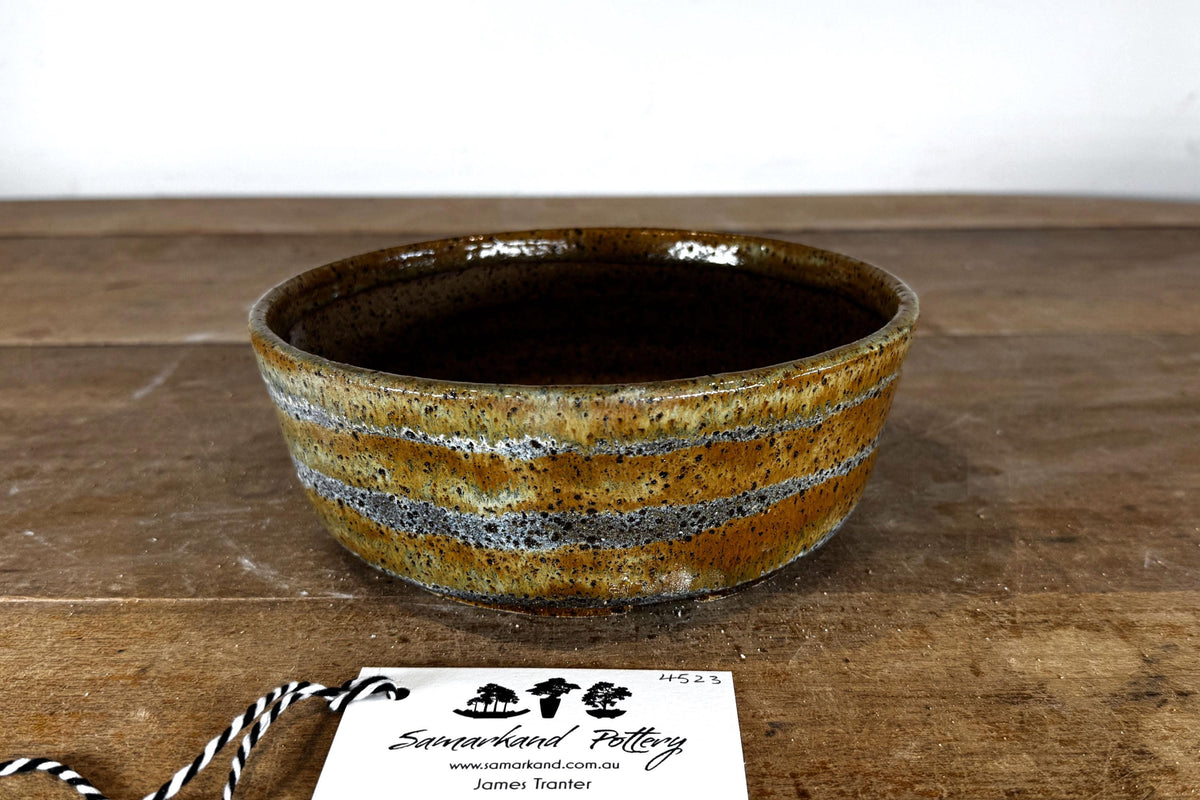 Round 26cm Brown and Blue Smooth Glazed Stoneware Bonsai Pot
