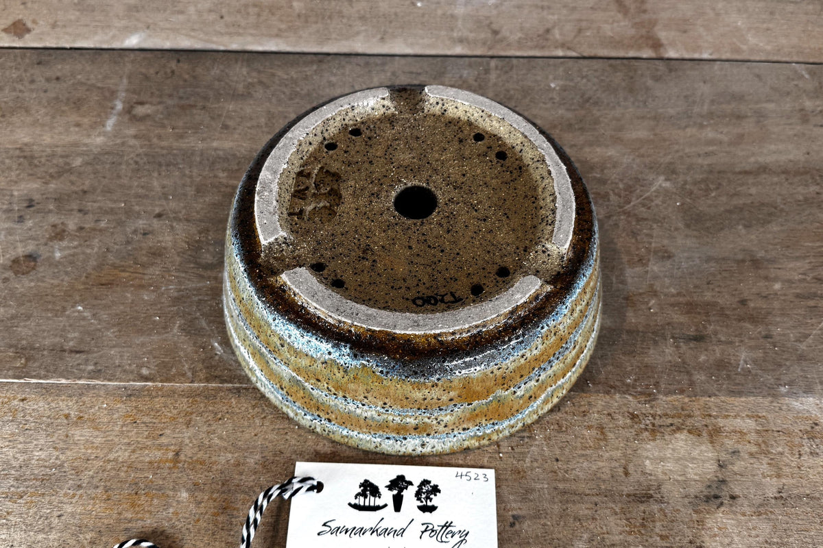 Round 26cm Brown and Blue Smooth Glazed Stoneware Bonsai Pot
