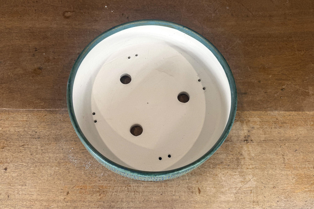 Round 24.5cm Blue Green Glazed Stoneware Bonsai Pot