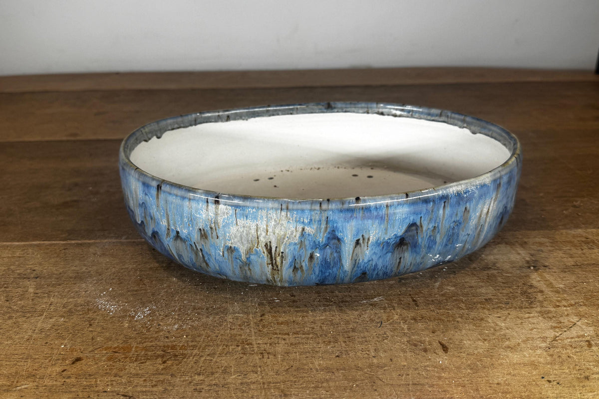 Oval 28.5cm Blue Glazed Stoneware Bonsai Pot