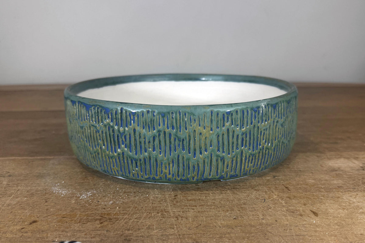 Round 24.5cm Blue Green Glazed Stoneware Bonsai Pot
