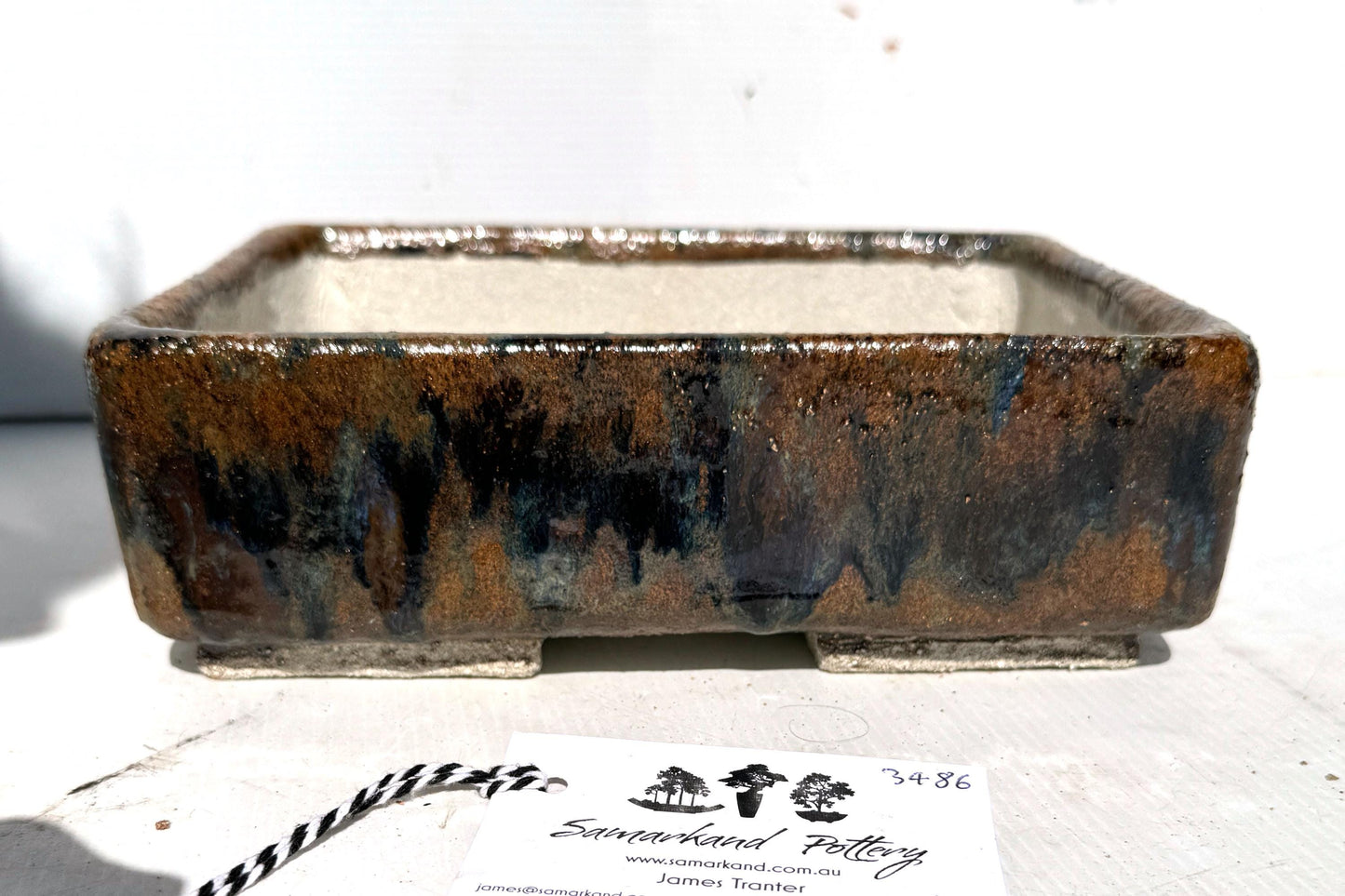 Rectangular 22.5cm Brown and Blue Glazed Stoneware Bonsai Pot