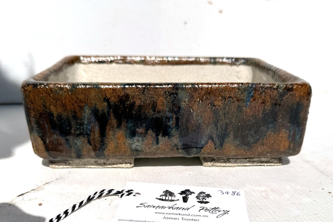 Rectangular 22.5cm Brown and Blue Glazed Stoneware Bonsai Pot