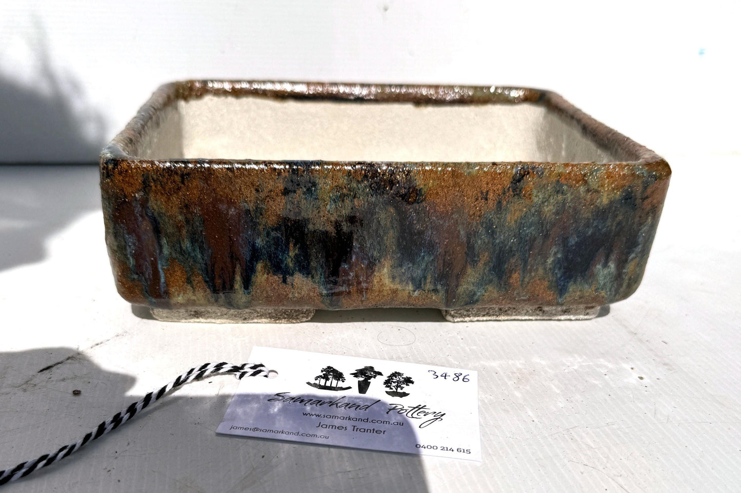Rectangular 22.5cm Brown and Blue Glazed Stoneware Bonsai Pot