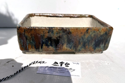 Rectangular 22.5cm Brown and Blue Glazed Stoneware Bonsai Pot