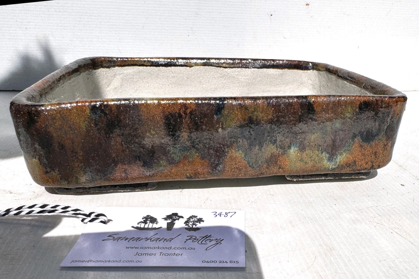 Rectangular 25.5cm Brown and Blue Glazed Stoneware Bonsai Pot