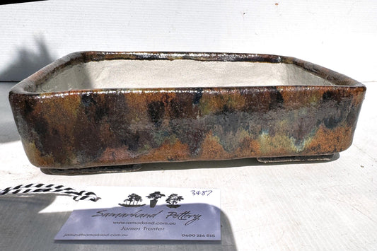 Rectangular 25.5cm Brown and Blue Glazed Stoneware Bonsai Pot