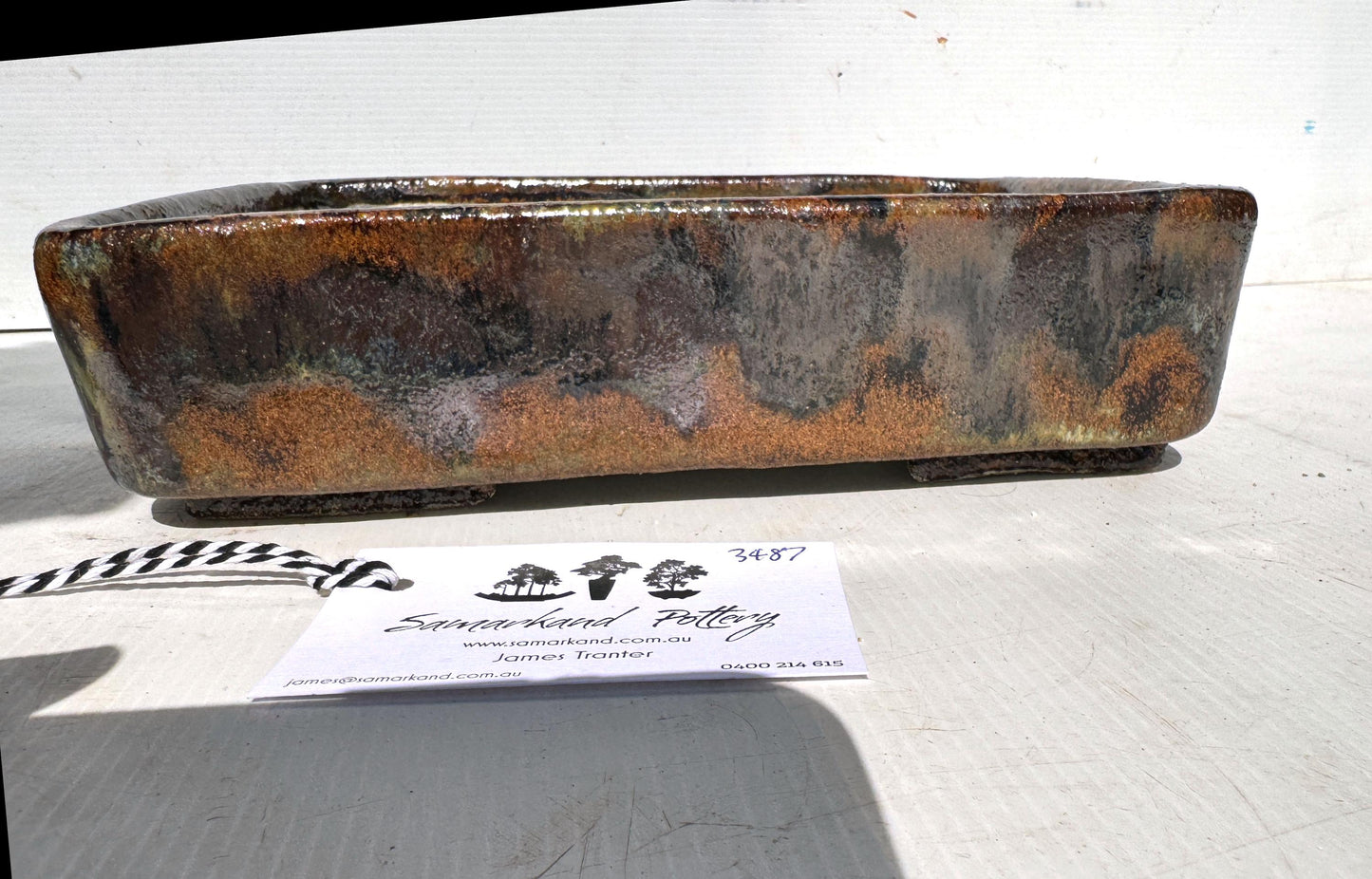Rectangular 25.5cm Brown and Blue Glazed Stoneware Bonsai Pot
