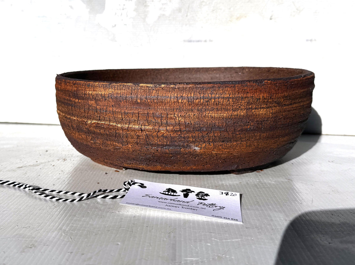 Oval 28.5cm White and Brown Split Finish Stoneware Unglazed Bonsai Pot