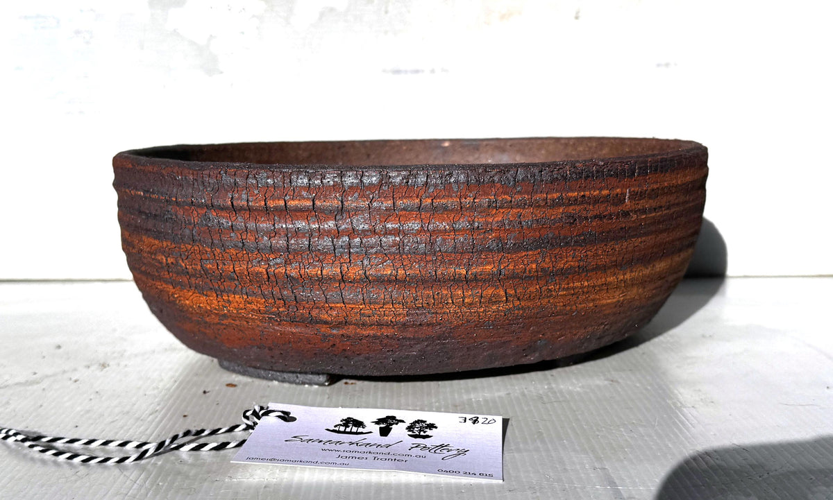 Oval 28.5cm White and Brown Split Finish Stoneware Unglazed Bonsai Pot