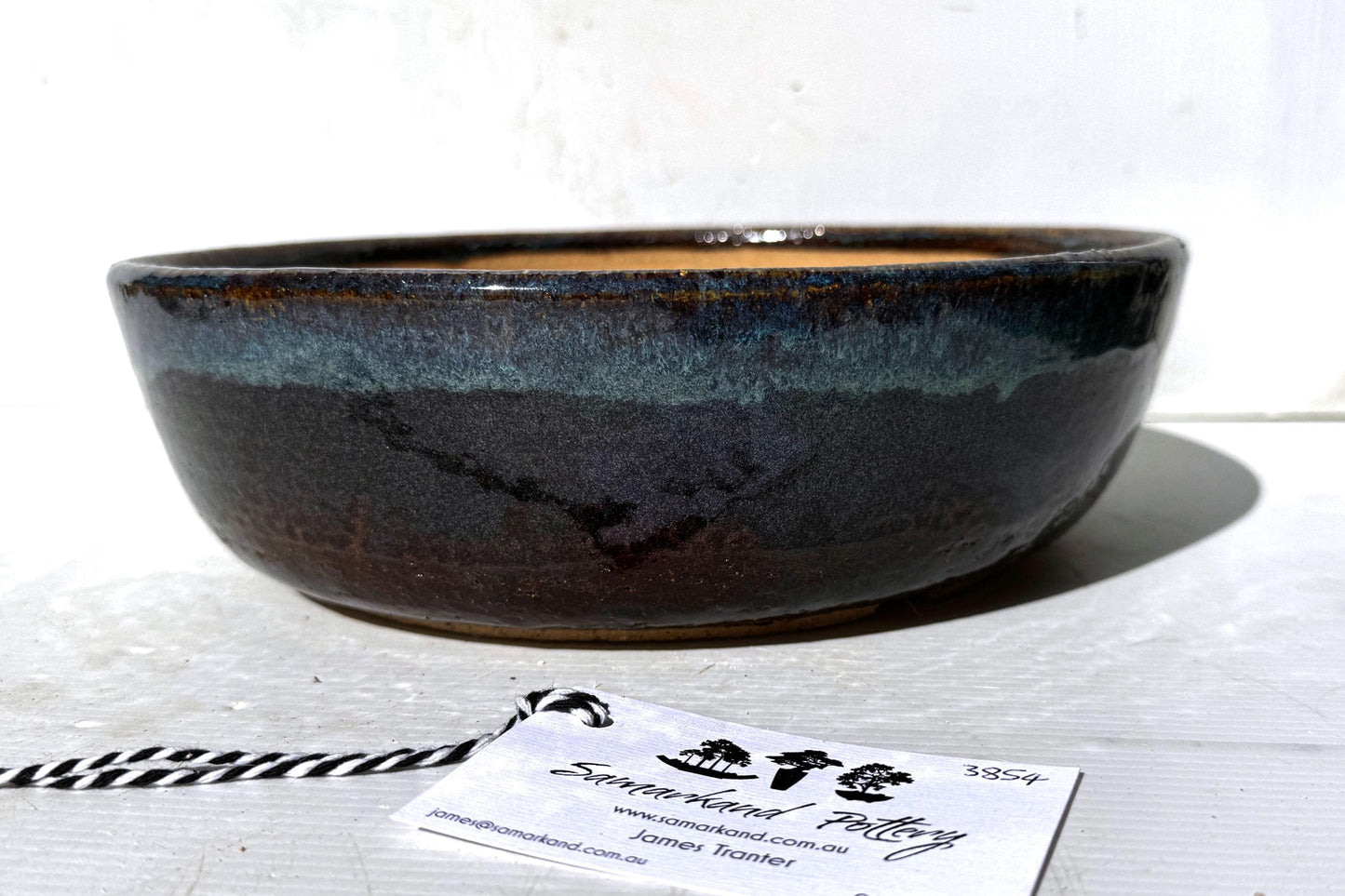 Round 26.5cm Blue and Brown Glazed Stoneware Bonsai Pot