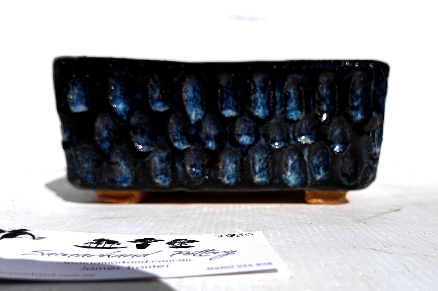 Square 17cm Blue Glazed Textured Stoneware Bonsai Pot