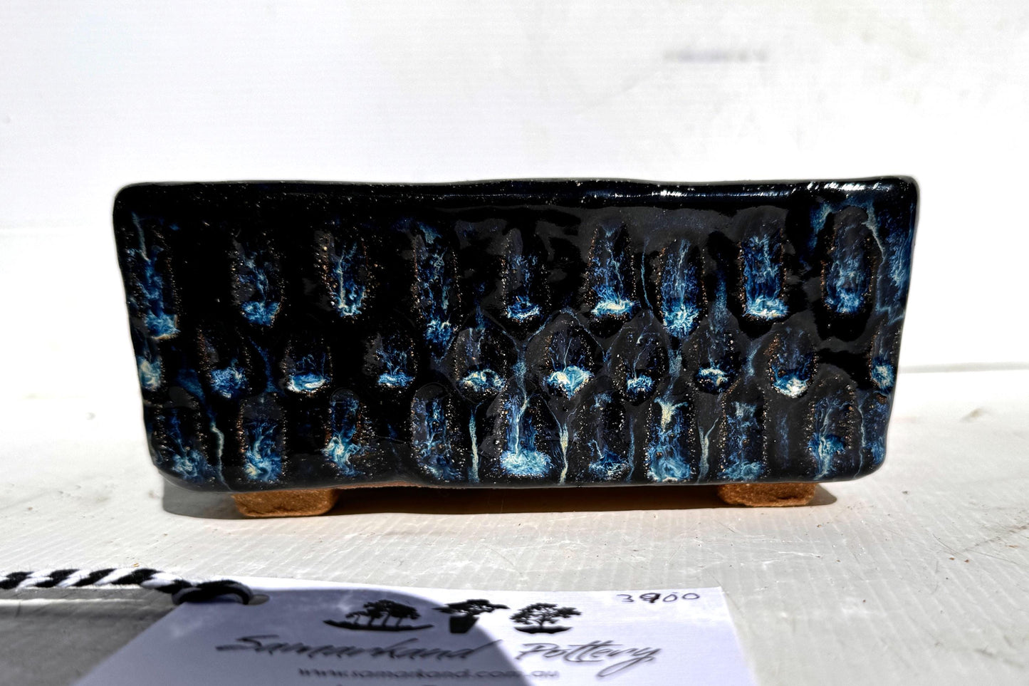 Square 17cm Blue Glazed Textured Stoneware Bonsai Pot