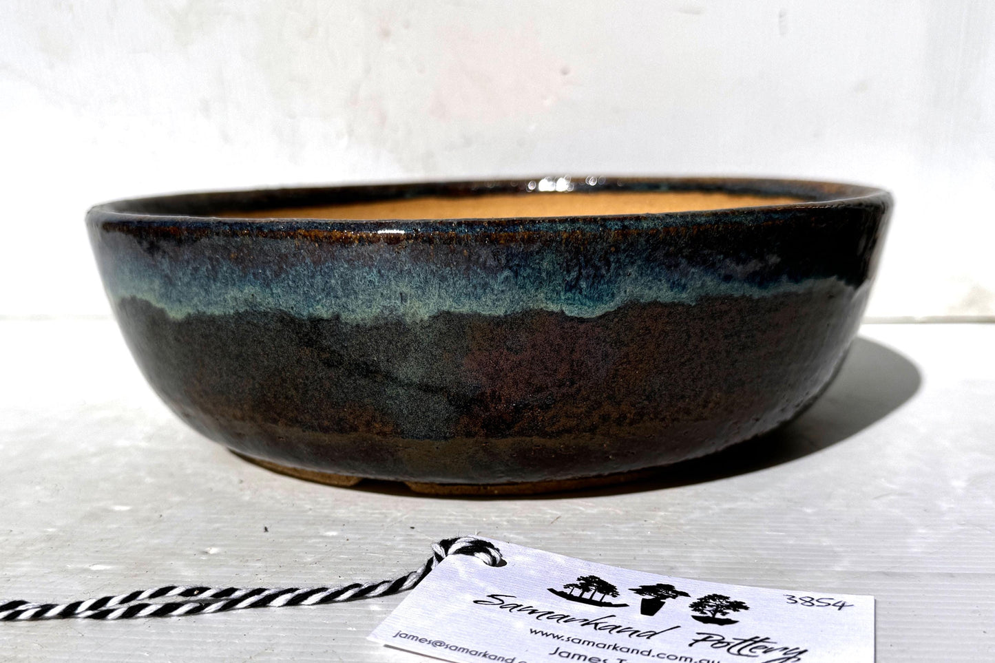 Round 26.5cm Blue and Brown Glazed Stoneware Bonsai Pot
