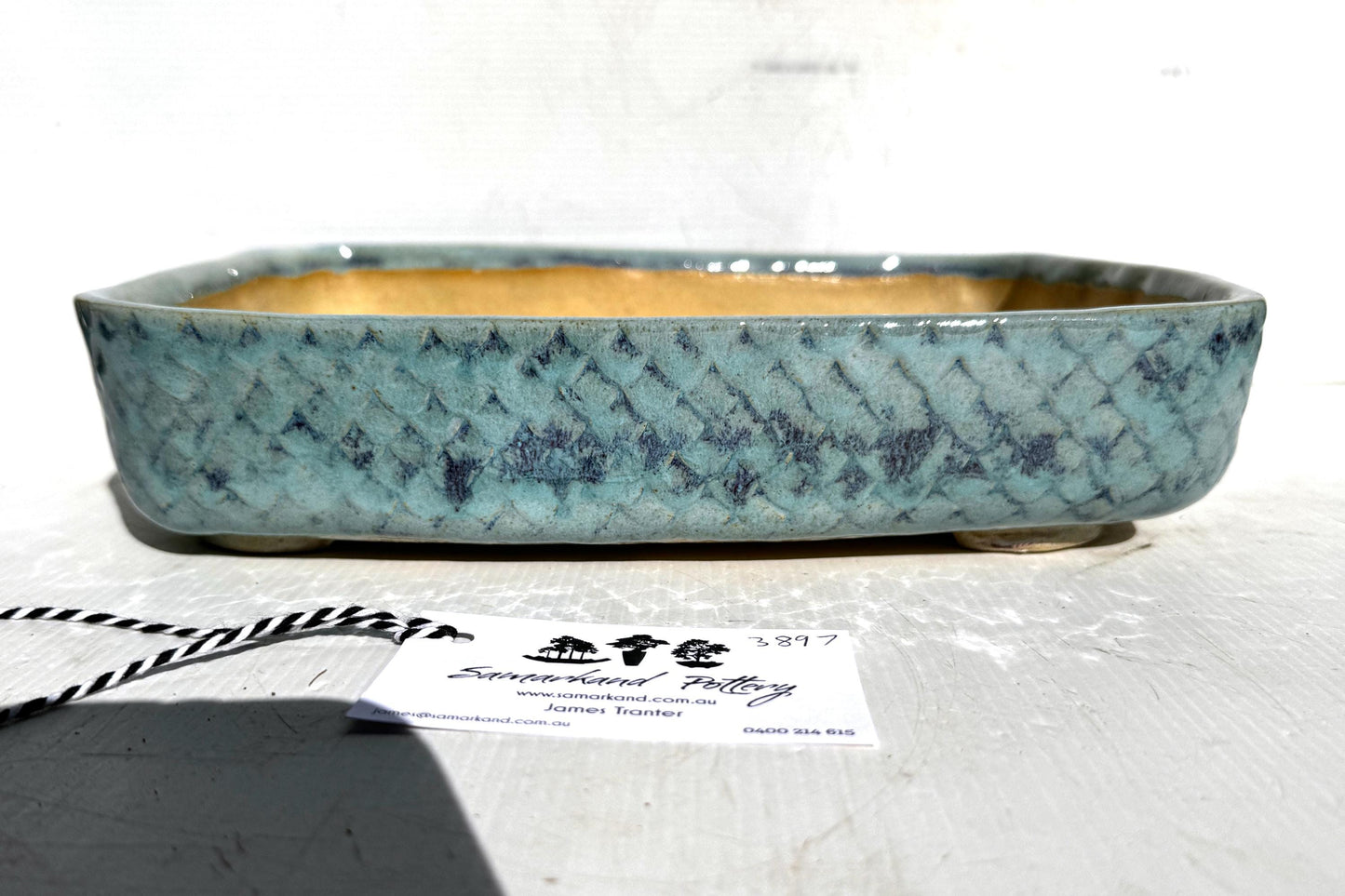 Rectangular 30.5cm Blue Glazed Textured Stoneware Bonsai Pot