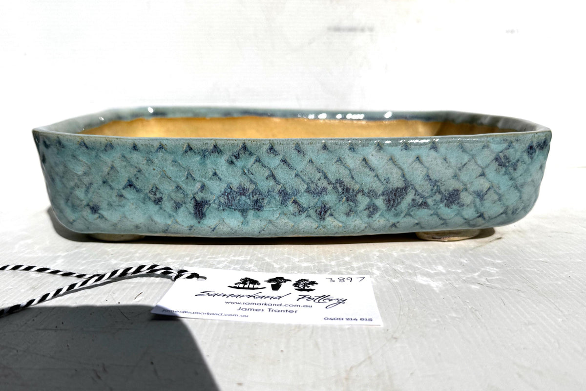 Rectangular 30.5cm Blue Glazed Textured Stoneware Bonsai Pot