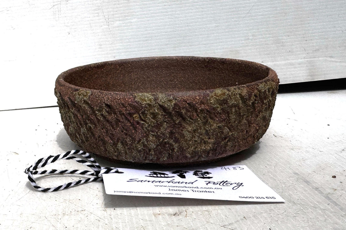 Round15.5cm Brown Stoneware Textured Woodash Finish Bonsai Pot
