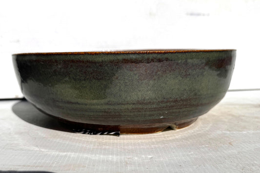 Round 26cm Green and Brown Glazed Stoneware Bonsai Pot