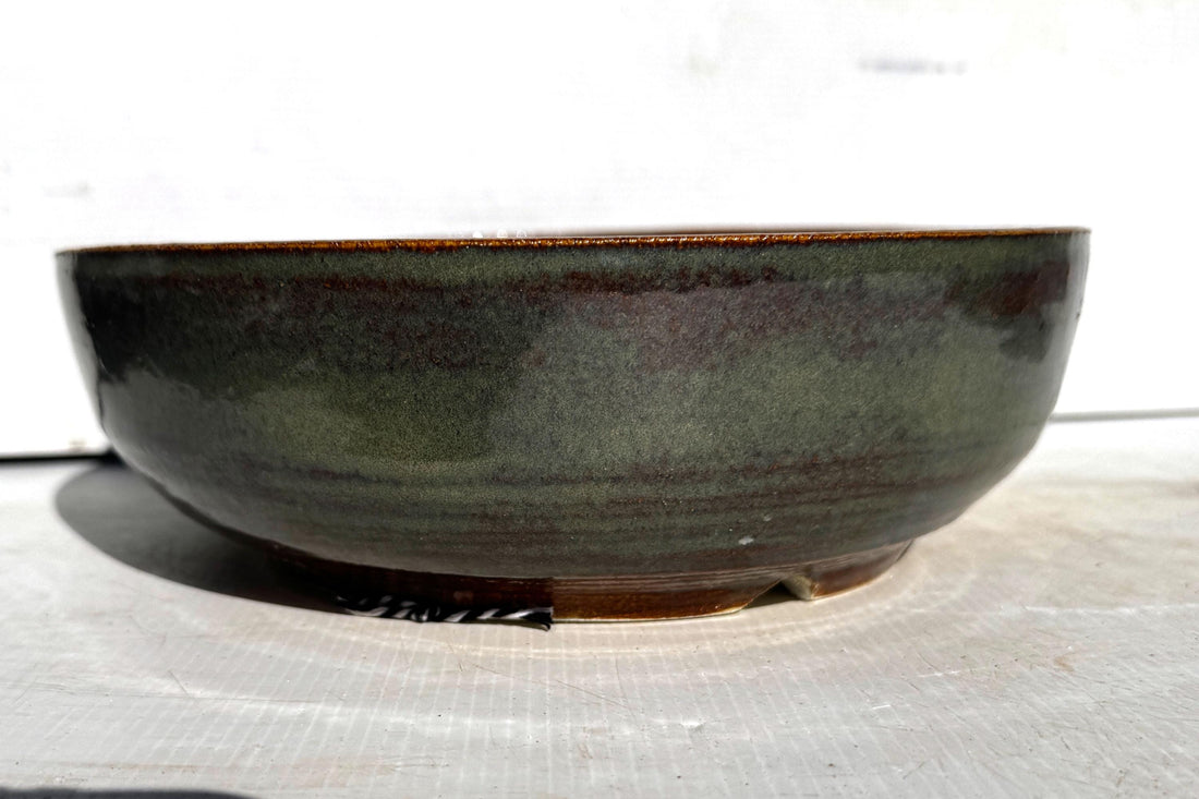 Round 26cm Green and Brown Glazed Stoneware Bonsai Pot