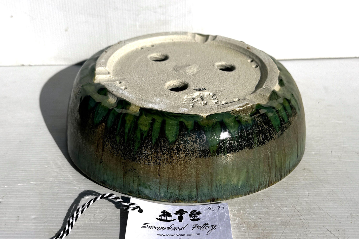 Round 27cm Green Glazed Stoneware Bonsai Pot