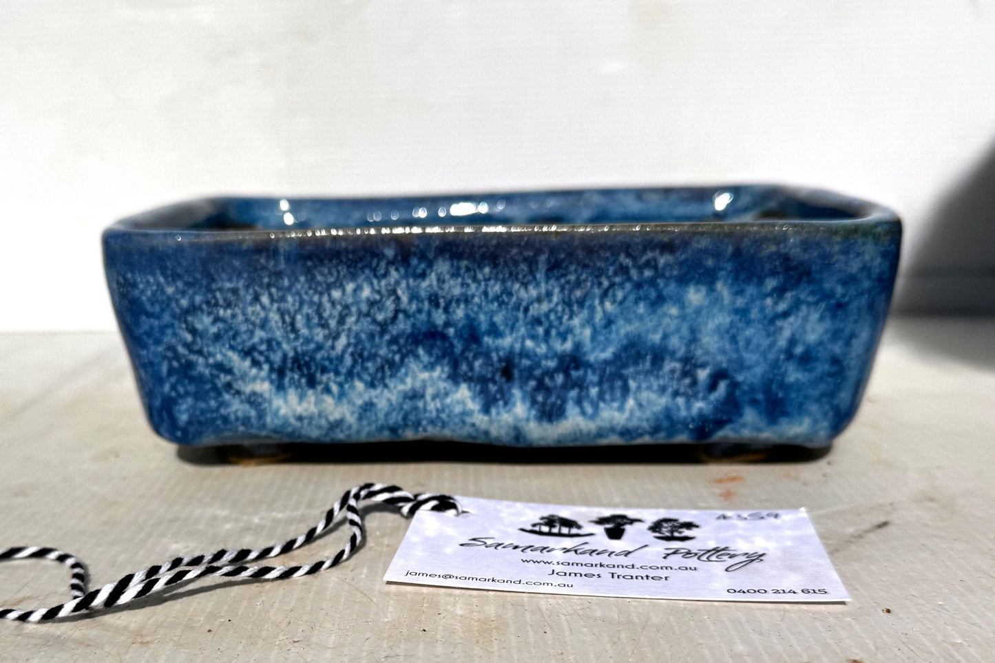 Rectangular 21cm Blue Glazed Smooth Stoneware Bonsai Pot