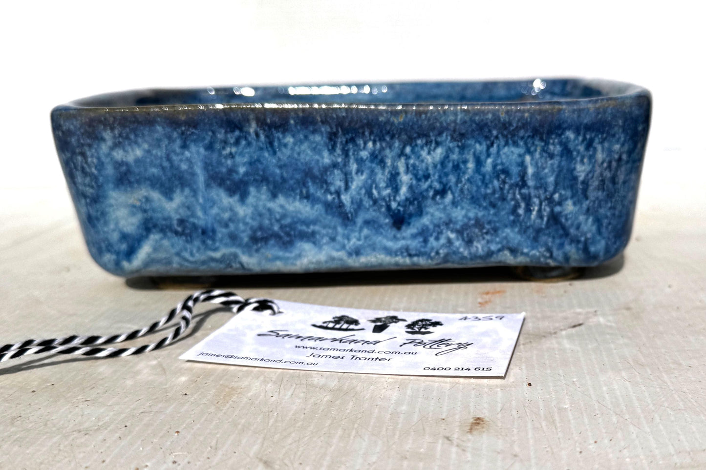 Rectangular 21cm Blue Glazed Smooth Stoneware Bonsai Pot