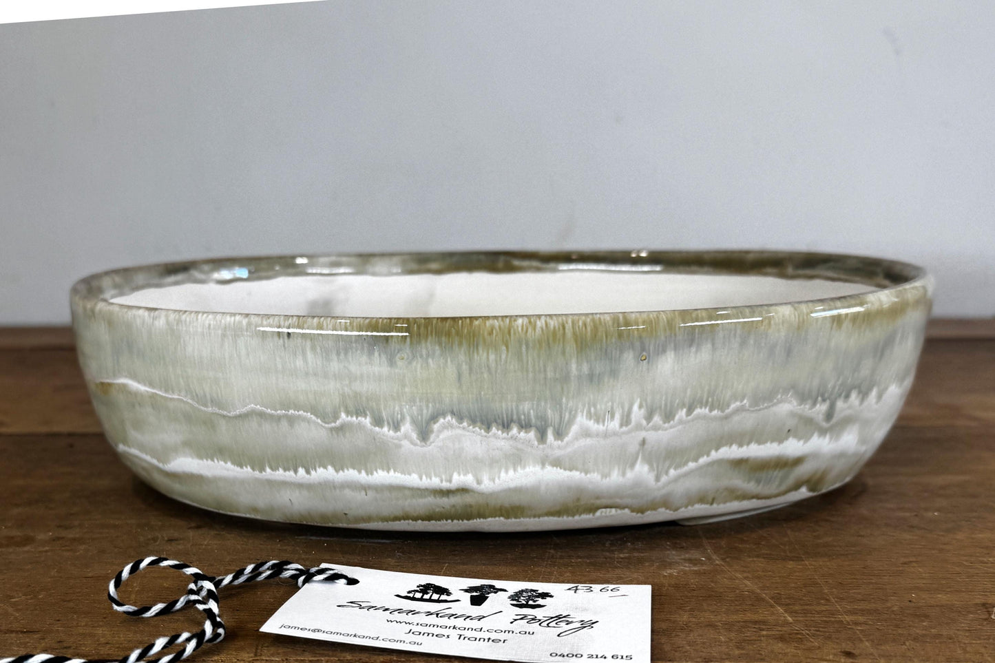 Oval 30cm Green and Grey Glazed Stoneware Bonsai Pot