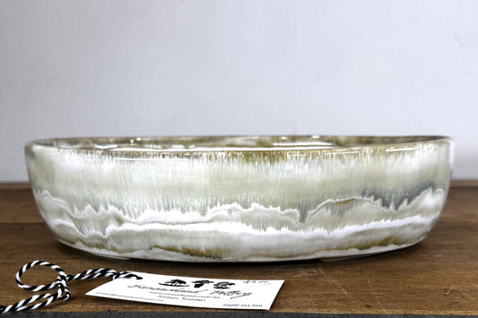 Oval 30cm Green and Grey Glazed Stoneware Bonsai Pot