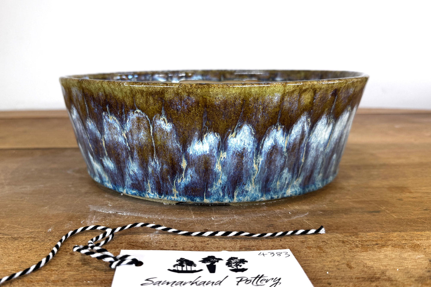 Round 19.5cm Blue and Brown Glazed Stoneware Bonsai Pot