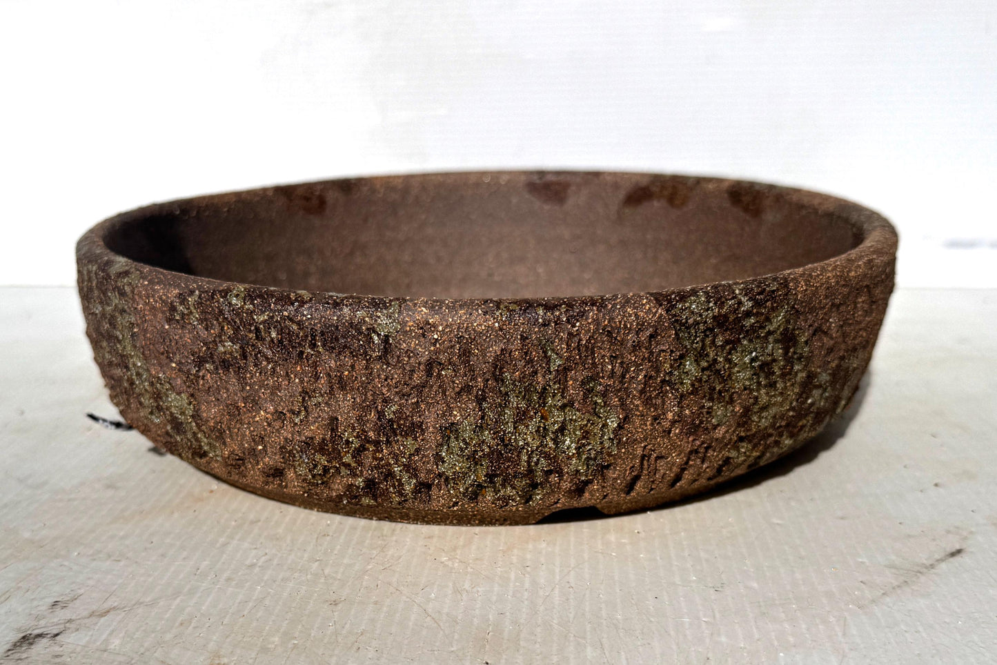 Round 24cm Brown Woodash Textured Finish Stoneware Bonsai Pot