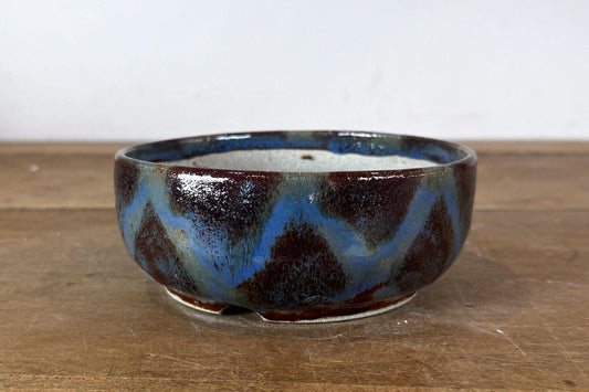 Round 14cm Maroon and Blue Glazed Stoneware Bonsai Pot