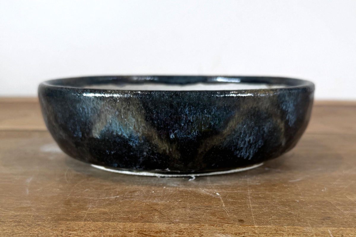 Round 19.5cm Blue Glazed Stoneware Bonsai Pot