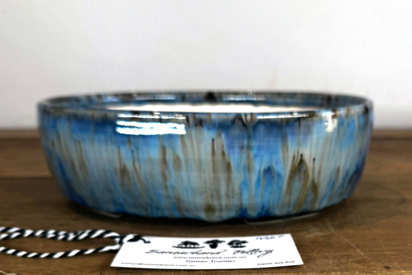 Oval 22.5cm Blue Glazed Stoneware Bonsai Pot