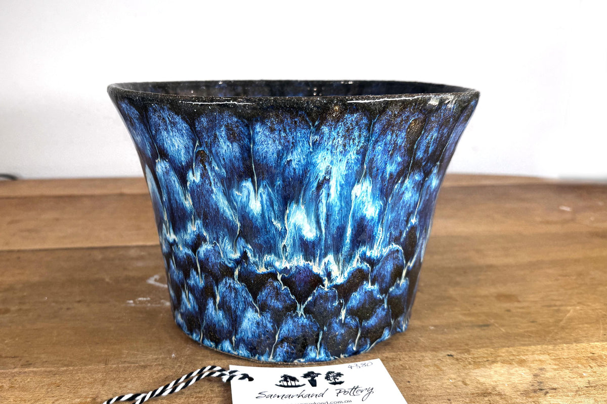 Round 24cm Blue Glazed Stoneware Bonsai Pot
