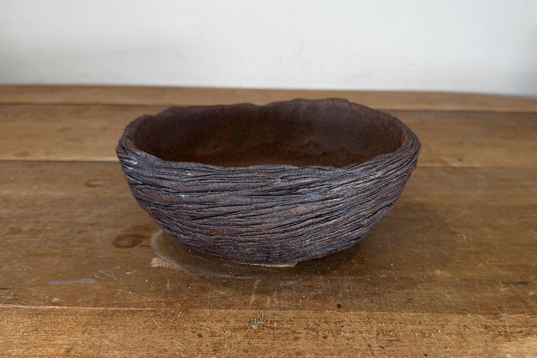 20cm Round Stoneware Hand Textured Unglazed Bonsai Pot