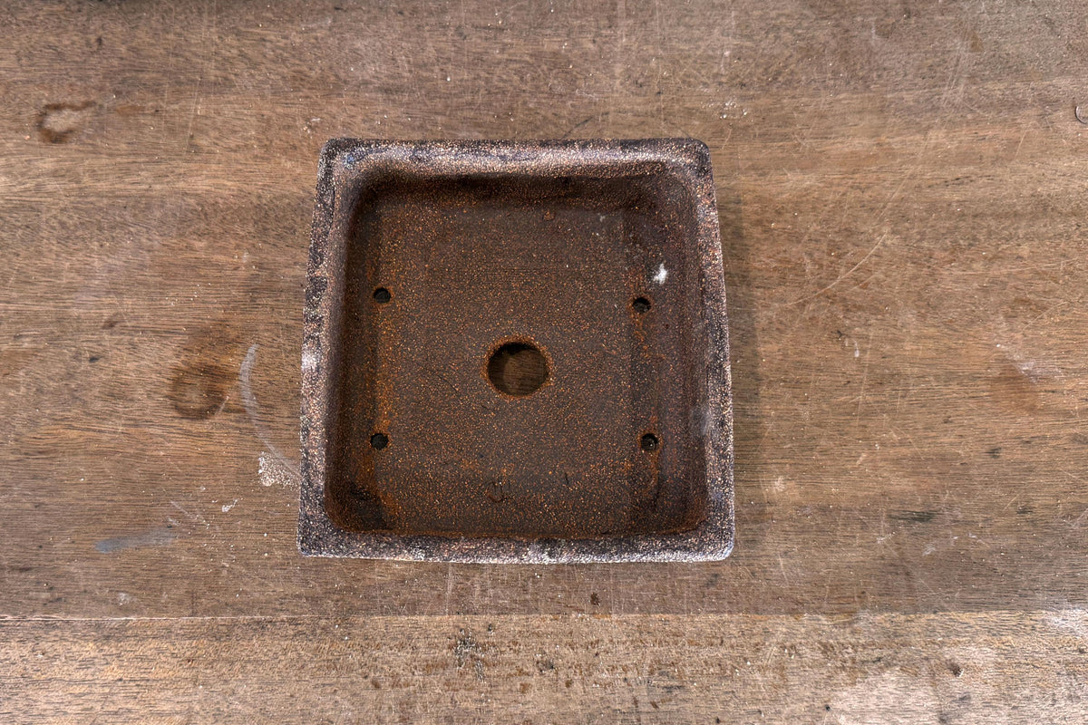 Square 14cm Brown Stoneware Woodash Bonsai Pot