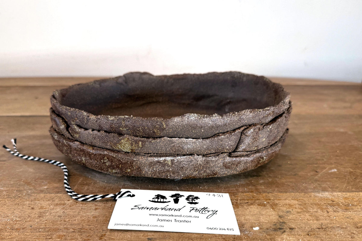 25.5cm Oval Brown Woodash Layered Finish Stoneware Unglazed Bonsai Pot