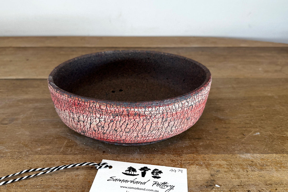 Round 21cm Red and White Stoneware Unglazed Bonsai Pot