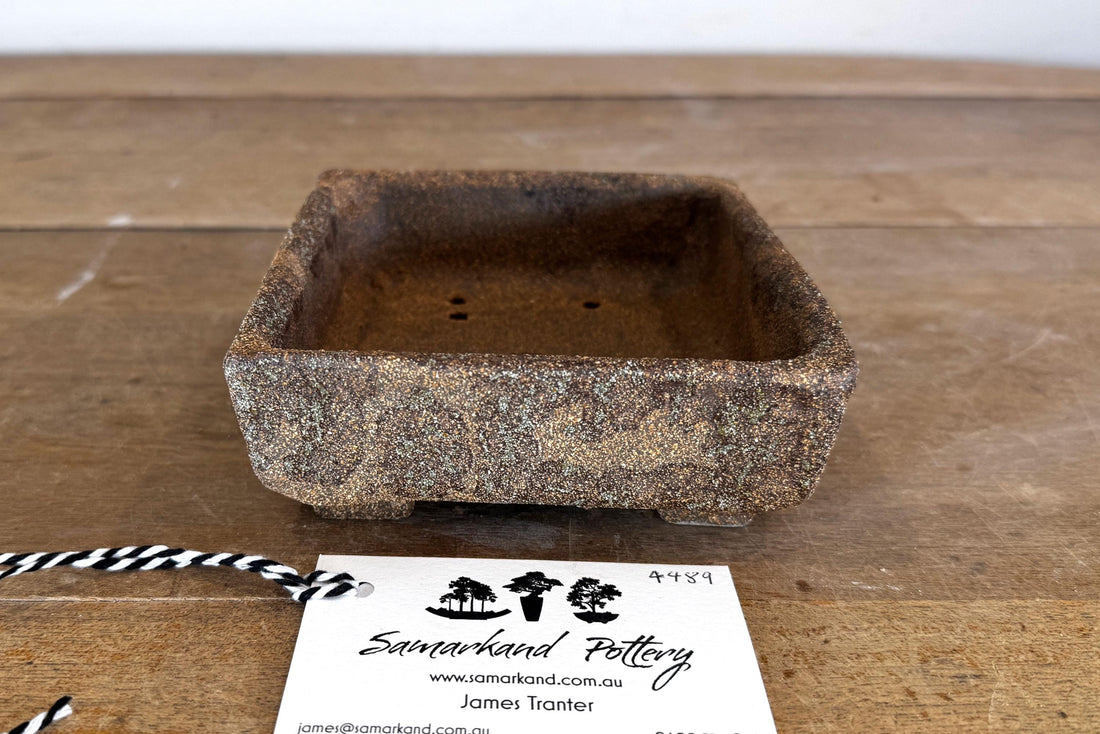 Square 14cm Brown Stoneware Woodash Bonsai Pot