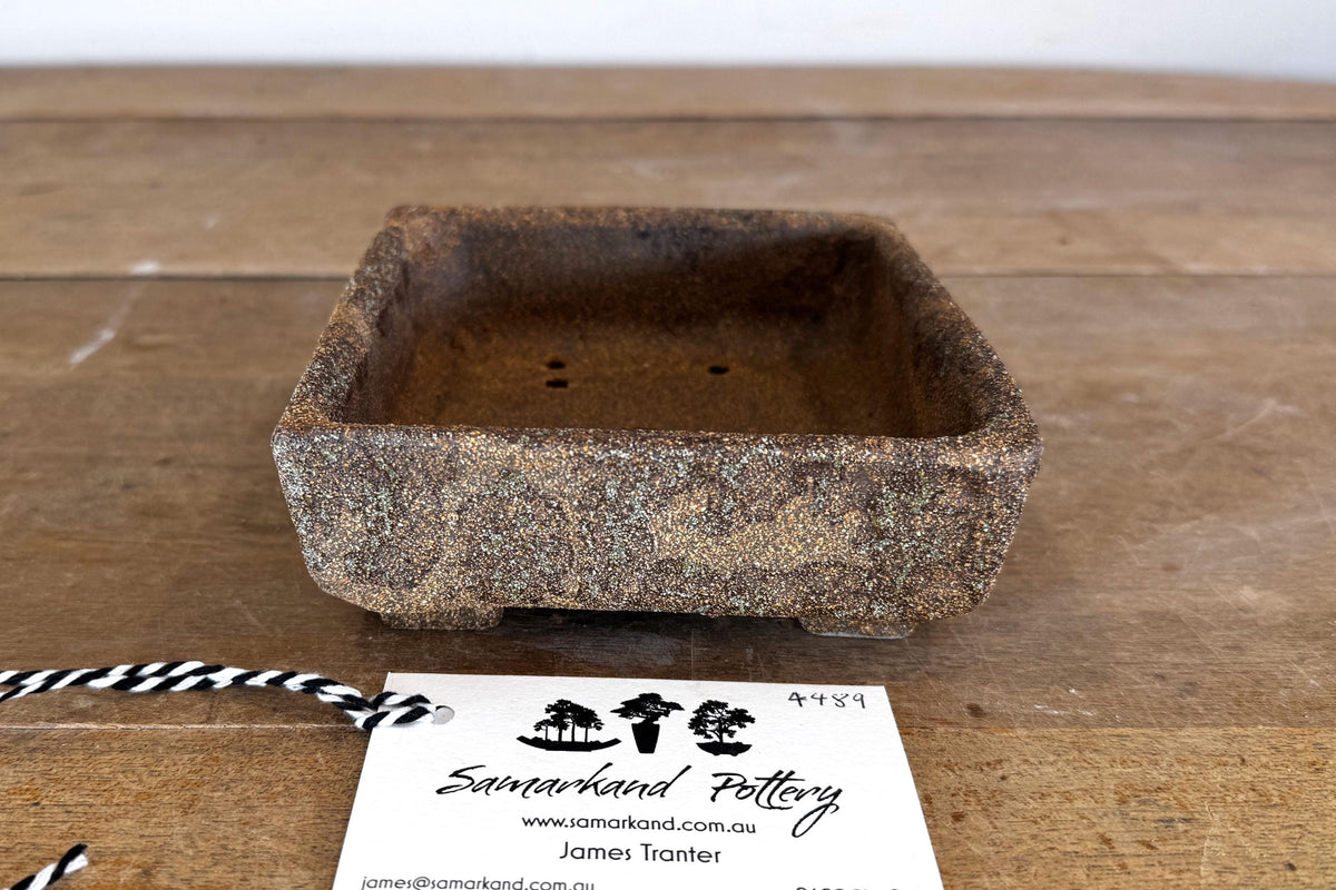 Square 14cm Brown Stoneware Woodash Bonsai Pot