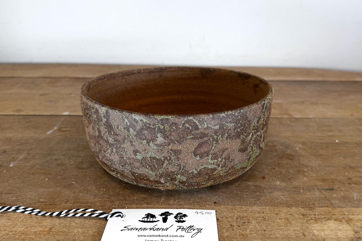 Round 20.5cm Brown Smooth Stoneware Woodash Bonsai Pot