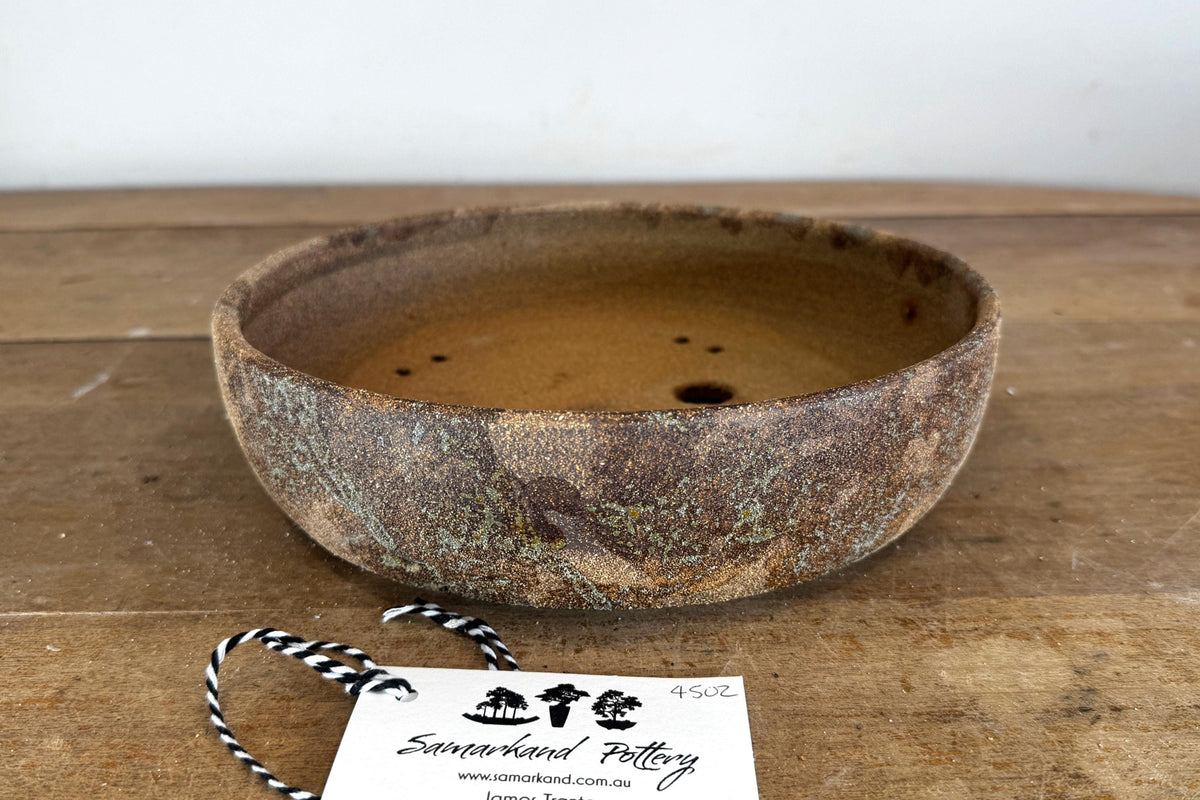 Round 25cm Brown Smooth Stoneware Woodash Bonsai Pot