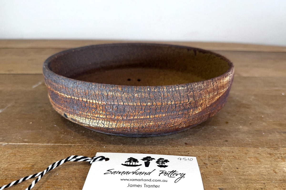 Round 22cm White and Brown Stoneware Unglazed Bonsai Pot