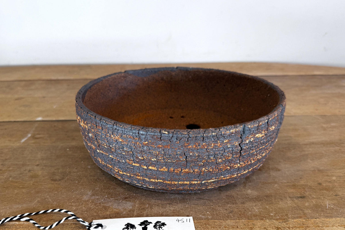 Round 24cm White and Brown Stoneware Unglazed Bonsai Pot