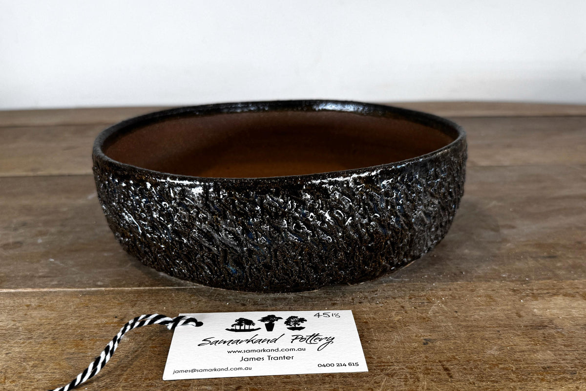 Round 24cm Brown and Blue Glazed Stoneware Bonsai Pot