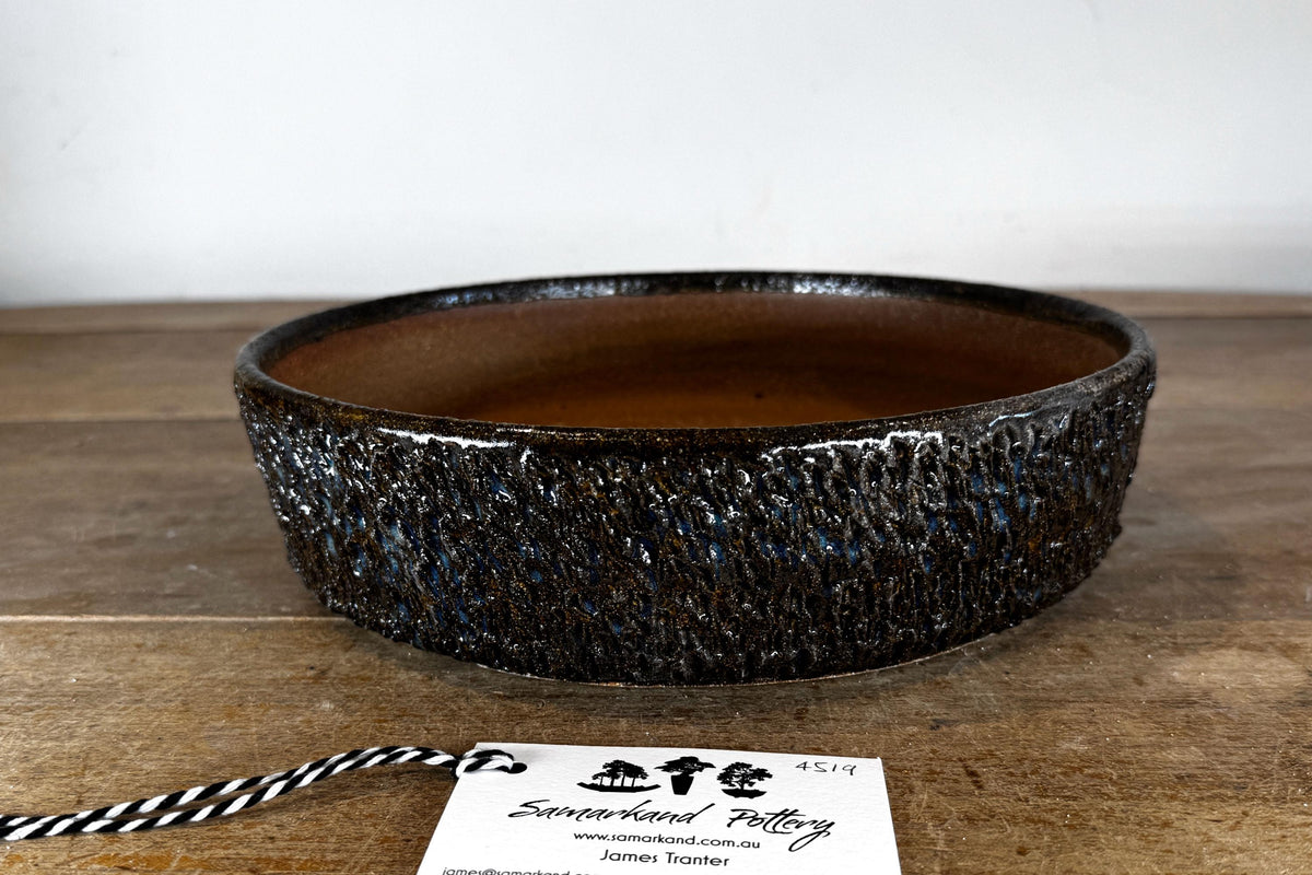 Round 27.5cm Brown and Blue Glazed Stoneware Bonsai Pot