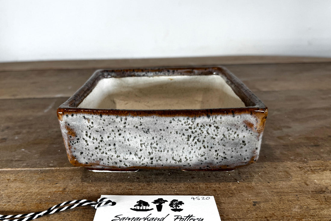 Square 17.5cm White and brown Glazed Stoneware Bonsai Pot