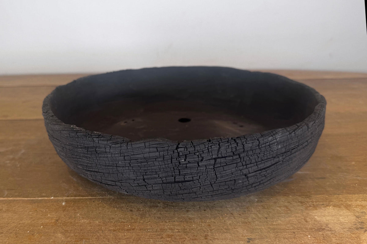 Round 31cm Black Textured Stoneware Unglazed Bonsai Pot